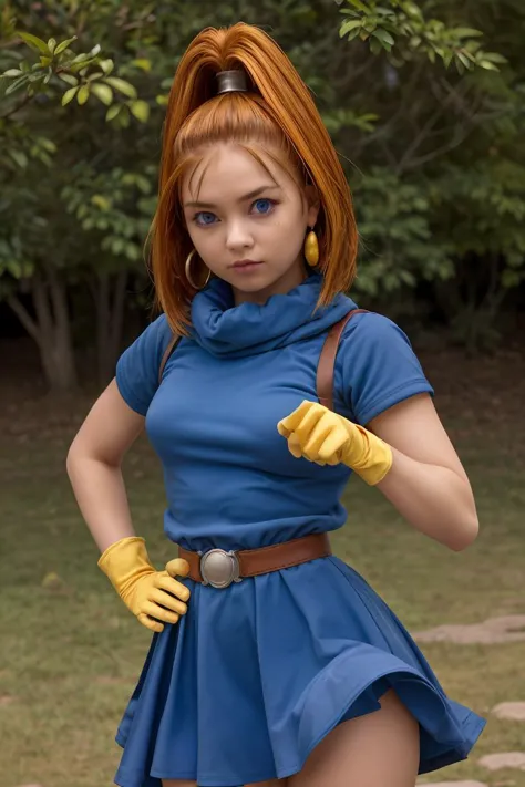 (masterpiece, best quality), 1girl, barbara \(dq6\),purple eyes,orange hair,long hair,high ponytail,earrings,(cape:1.2),(light blue dress:1.4),belt,elbow gloves,(yellow gloves:1.2),(socks:1.1),boots