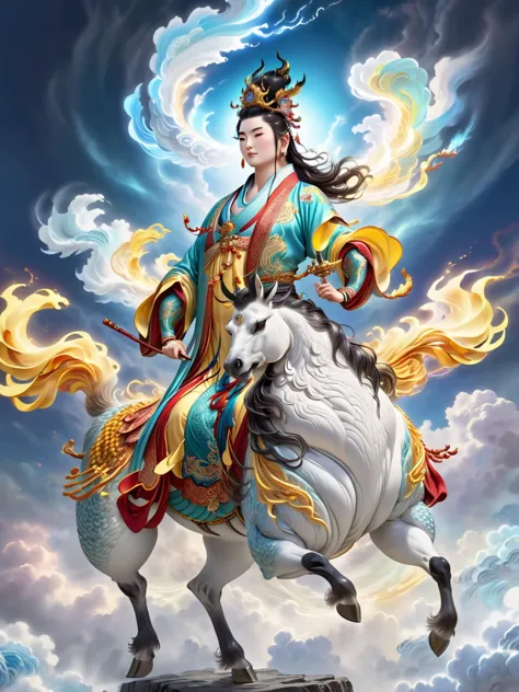 chinese mythological characters, kirin, immortal, xiangyun, 3d, highest quality, ultra detailed, photorealistic, vibrant colors,...