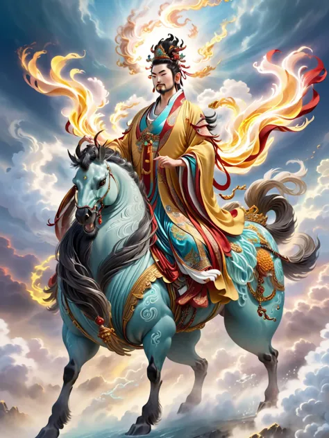 chinese mythological characters, kirin, immortal, xiangyun, 3d, highest quality, ultra detailed, photorealistic, vibrant colors,...