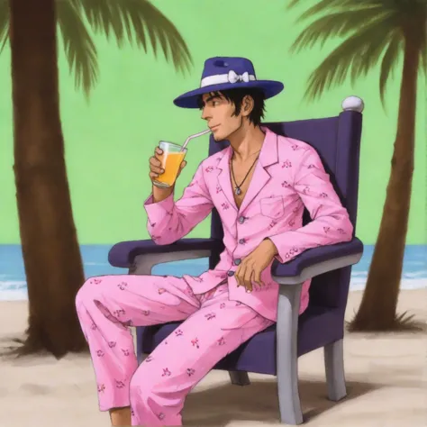 anime guy in pink pajamas sitting on a chair with a drink