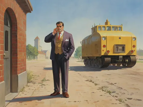 painting of a man in a suit standing in front of a yellow truck