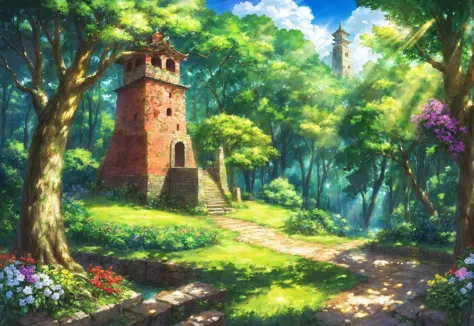 a painting of a stone tower, asymmetrical, dragon, art by toridamono, art by akihito tsukushi, outdoors, scenery, tree, flower, ...