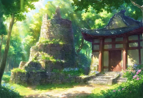 a painting of a stone tower, asymmetrical, dragon, art by toridamono, art by akihito tsukushi, outdoors, scenery, tree, flower, day, nature, sunlight