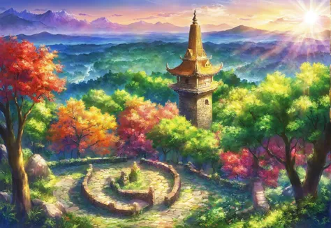 a painting of a stone tower, asymmetrical, dragon, art by toridamono, art by akihito tsukushi, outdoors, scenery, tree, flower, ...