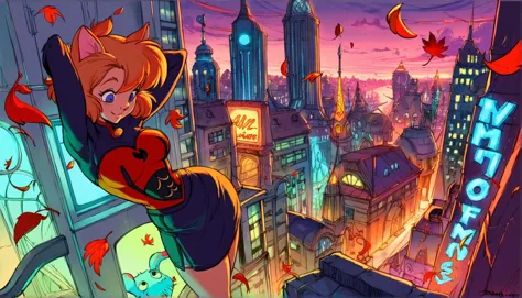 art by don bluth, 1girl, flowers, in a a neon city, falling leaves, cat girl, solo, underbust, high-low skirt, arms behind head,...