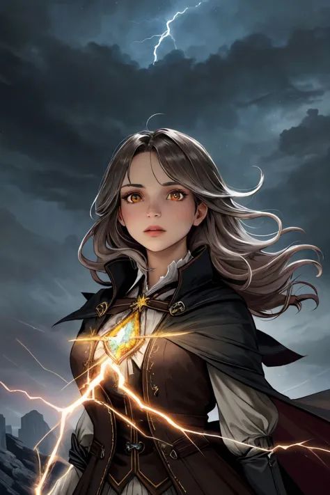 a woman with a sword and a cape is standing in front of a storm