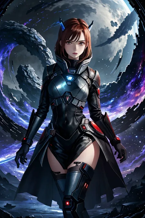 a woman in a futuristic outfit standing in front of a circular background