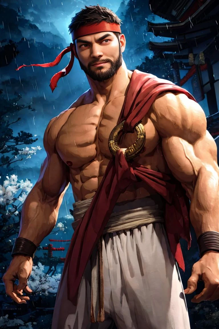 ryu, 1guy, beard, brown robe, golden ring, brown cloth,headband, black martial arts belt ,white pants, detailed eyes, portrait closeup, Japanese temple, raining,,highres, sharp picture, mood lighting, intricate details,  detailed eyes, best quality, masterpiece, highres, perfect picture, highly detailed, high contrast , digital colors, bright colors , perfect face, looking to viewer 