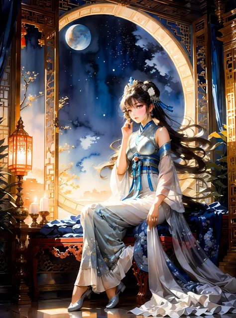 ((Oil Painting Style))ADN((Masamune Shirow)),A dim room,The moon goddess Chang'e sitting in a Chinese style room gazing out the ...