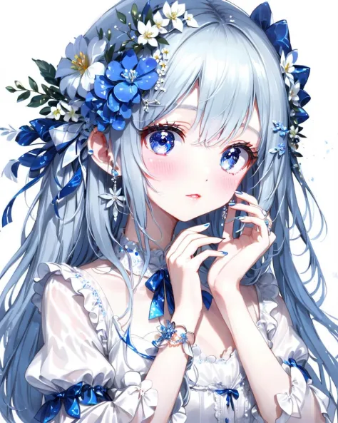 1girl, solo, blue eyes, hair ornament, looking at viewer, frills, flower, long hair, bangs, white flower, upper body, hand on ow...