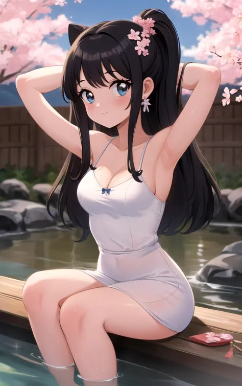 (masterpiece, best quality:1.4), insaneres, absurdres, solo, looking at viewer,BREAK 
ARTSTYLE_Cute90sAnime_ownwaifu,  
1girl, solo, long hair, jewelry, sundress,  breasts, bangs, blush, earrings, bow, hair ornament, blue eyes, sparkle, very long hair, cleavage,
1990s \(style\),  retro artstyle,  
(sitting, soaking feet, arms behind head), onsen, mount fuji, cherry blossoms, outdoors,<lora:ARTSTYLE_Cute90sAnime_ownwaifu:0.65>, depth of field