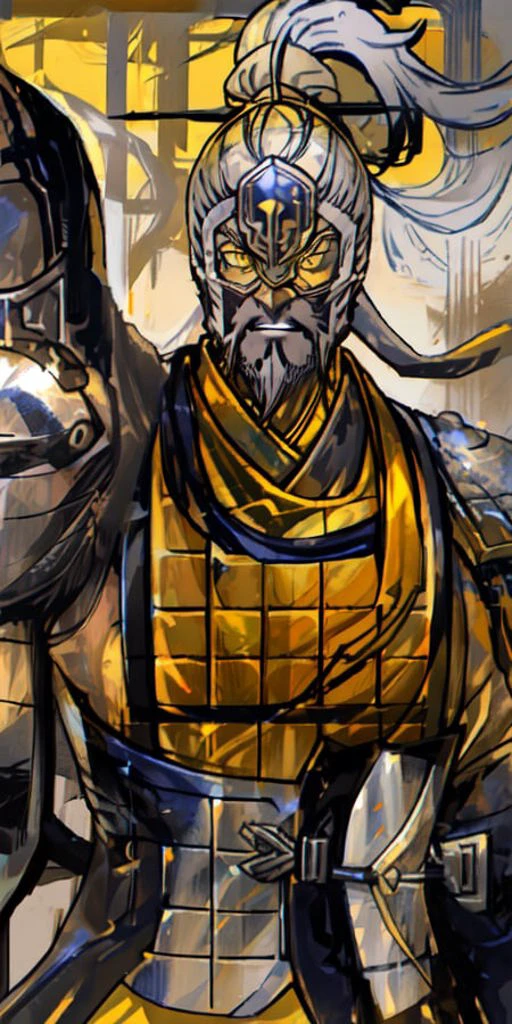 yellow tone, chinese male, (upper body:1.3),   grey hair,grey beard, blue and silver armor, 