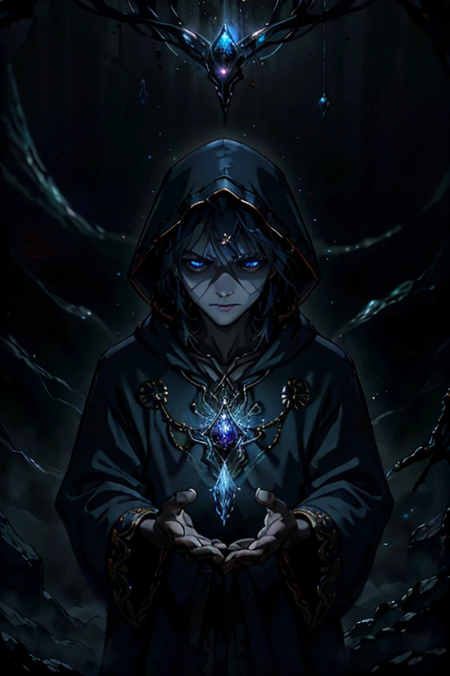 man:1.1, kkw-detailMe-v1.0, (AlexanderNobody) BREAK (style-swirlmagic:0.8), portrait, looking down, solo, from front, front view, half shot, detailed background, detailed face, (bloodmagic theme:1.1) evil summoner,   magical hooded robes, billowing clothes, twisted ambitions, , malevolent aura, blazing corrupted eyes, dark blue color scheme, dark blue light,purple color scheme, ruined study room in background, mystical mist, dimly lit, floating particles, sparks, surrounded by yellow lightning casting spell, opening eldritch gateway to other realms, blue arcane symbols, ominous and foreboding atmosphere,
