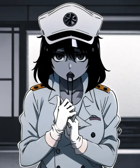 quincy,1girl,solo,yamamura_sadako,colored skin,pale skin,looking at viewer,gloves,hat,jacket,white gloves,military hat,upper bod...