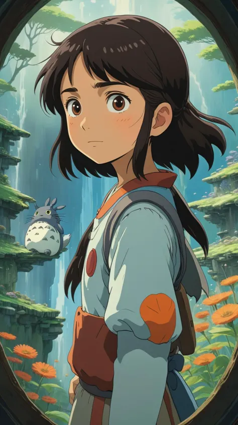 a girl with a backpack looking at a totoro in a forest