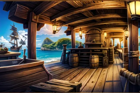 PiRe, pirate tavern, in the caribbean, best quality, masterpiece, 