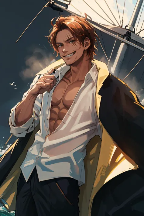 <lora:Shanks-10:0.8> Shnks, 1boy, cowboy shot, white shirt, pectorals, coat on shoulders, scar on face, grin, sailboat, beautiful lighting, dutch angle,, (masterpiece, best quality,absurdres: 1.2), perfect hands,