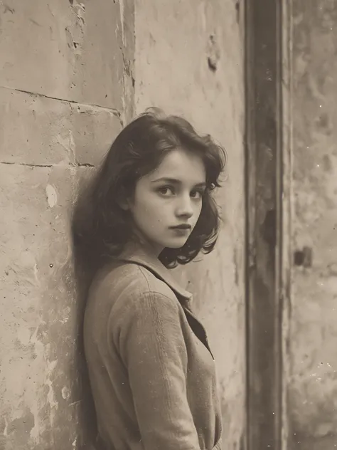 Foto vintage de 35mm de, jovem hospedada perto da parede da porta de entrada,   