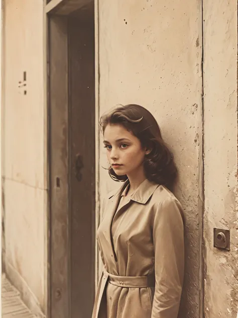 35mm Vintage photo of, young lady staying near entrance Door Wall,   <lora:Vintage_Street_Photo:0.8>