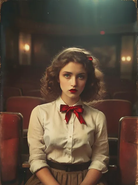 35mm Vintage photo of, waist and torso portrait , portrait of a young, nerdy woman sitting in a theater, wearing a white shirt and a bow, a cozy atmosphere, eye contact , red lips,highly professional, dramatic lighting, dynamic pose,  
Julia Margaret Cameron photo , <lora:Vintage_Street_Photo:1> ,