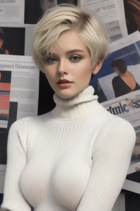 a close up of a woman in a white turtle neck sweater