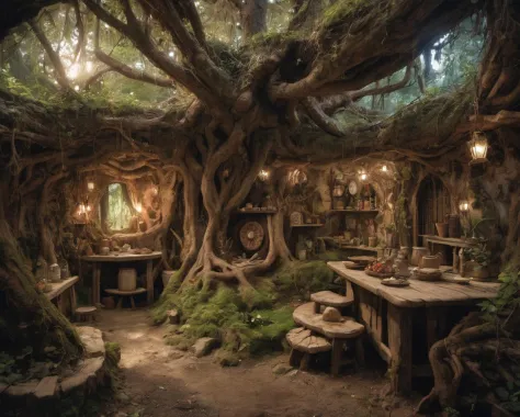 photograph of a comfy kitchen room in the underground (inside a tree root:1.2) in a magical fairy forest