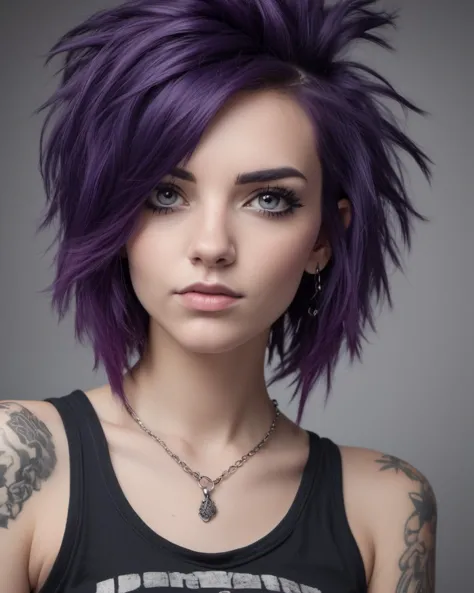 a portrait photograph of a pretty punk female with dark purple hair, beautiful realistic photo, 4 k highly detailed