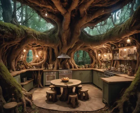 photograph of a comfy kitchen room in the underground (inside a tree root:1.2) in a magical fairy forest