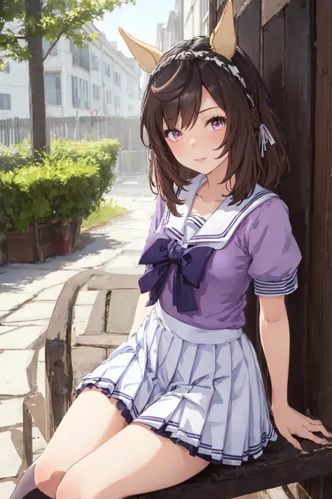 anime girl sitting on a bench with a cat ears on her head