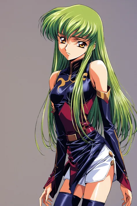 cowboy shot,solo,1girl,c.c.,expressionless,green hair,long hair,looking at viewer,detached sleeves,white shorts,thighhighs,bare shoulders,code geass,looking at viewer,upper body,simple background,standing,1990s \(style\),retro artstyle,<lora:Koh Kawarajima_XL:0.8>,