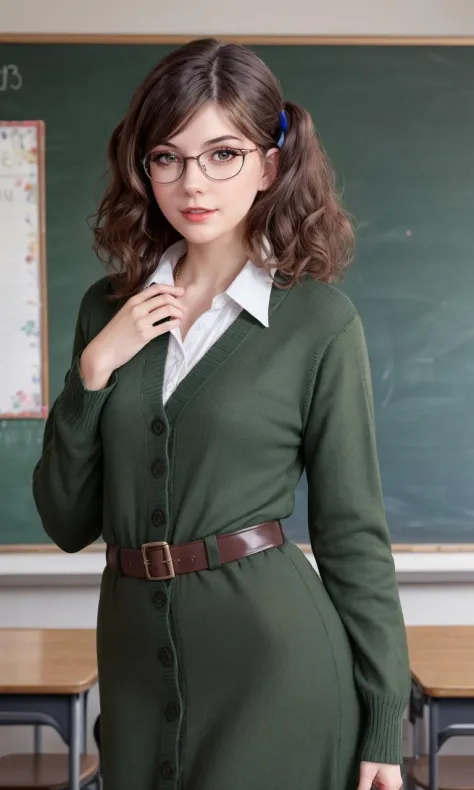 meggii2023, 1 girl, uhd, best quality, masterpiece, photorealistic, teacher, glasses, brown hair, cardigan, long dress, 1930s \(...