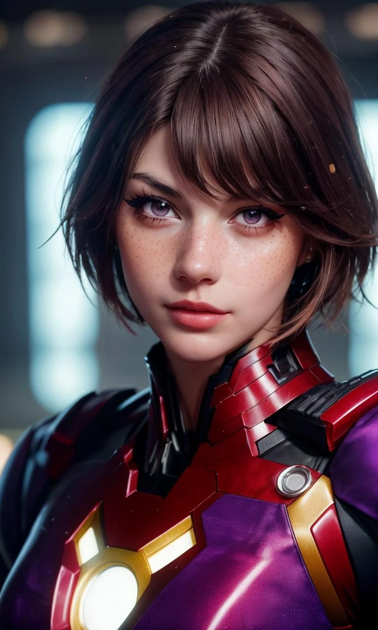 meggii2023, 1 girl, uhd, best quality, purple suit, masterpiece, photorealistic, brown hair, raw image, wearing purple ironman suit, armored suit, glowing, short hair,  mascara, big eyelashes, closeup, freckles,