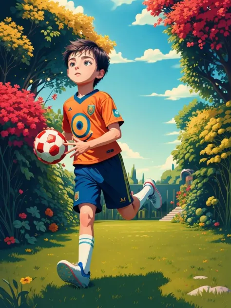 (masterpiece, ultra quality, extremely detailed, 8k, high saturated:1.33),
an award winning illustration of a boy, playing football, in garden, 
colorful abstract, 
<lora:lr_stl_ColorfulFlatIllustrationMix_v3:1>