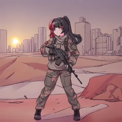 masterpiece, full body, (1girl, solo:1.5), small mouth is open,  <lora:V1VKMuffLoCon:1> muff, standing,( black hair:1.1), red hair, multicolored hair,  (two color hair:1.3), city, desert camouflage clothes, military pants, military black boots,  <lora:militarytyan:1.0>,  gun, weapons,( holding weapon in both hands:1.2), (assault rifle:1.3), detailed, details, ruined desert city, (the sun, morning:1.4), (sand under feet:1.4)