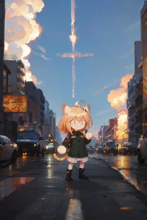 neco-arc, 1girl, full body, :3, cat ears, chibi, cat girl, cat tail, solo, slit pupils, militaryru,  <lora:Neco-Arc:1>,  <lora:militarytyan:1>, military, explosion, city,