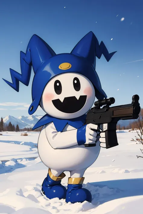 masterpiece, best quality, <lora:Jack-Frost_Fp:1> jackfrostsmt, (no humans:1.5), pokemon_(creature), looking at viewer, holding pistol, holding gun, gun, field, sky, snow