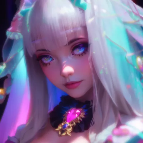 a close up of a woman with long white hair and a colorful dress