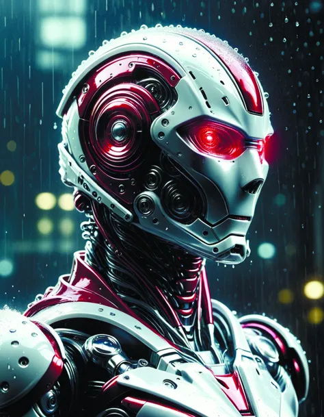 a close up of a robot with red eyes standing in the rain