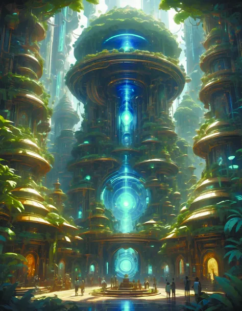 techno earth plaza with a divine jungle of deities and peoples living together in harmony created by android jones,vector illustration DonMPl4sm4T3chXL c1bo 