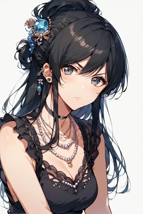 score_9, score_8_up, score_7_up, score_6_up, 1girl,
<lora:Aoyagi_Tsubaki:0.9> tsubaki, black hair, updo, hair ornament, necklace, black minidress, looking at viewer, thoughtful face, serious face,
  <lora:m1lfm3t3rXLP:0.9>