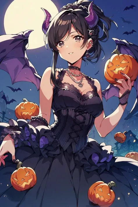 score_9, score_8_up, score_7_up, score_6_up, 1girl,
<lora:Aoyagi_Tsubaki:0.9> tsubaki, black hair, updo, hair ornament, corset, necklace, gothic dress, purple horns, wings, halloween, looking at viewer, night,