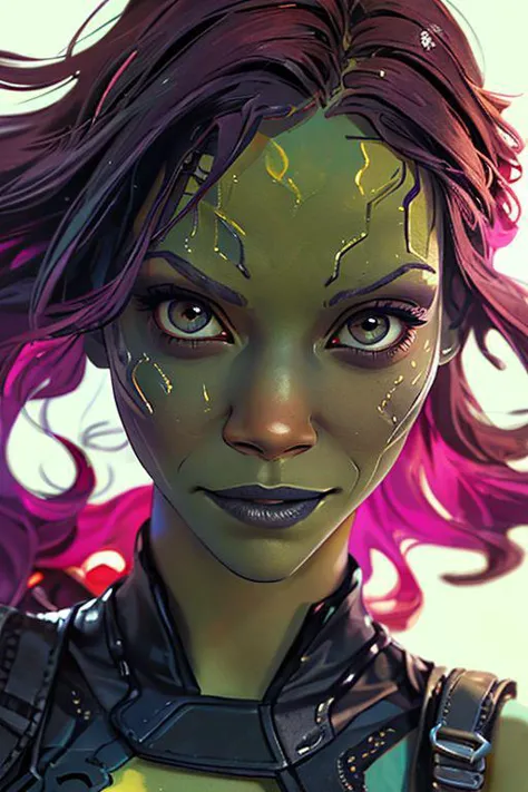 ((green woman)), (((zoe saldana))), (((gamora marvel))), (headshot:1.1) portrait on a bright white background, (headshot:1.2), f...