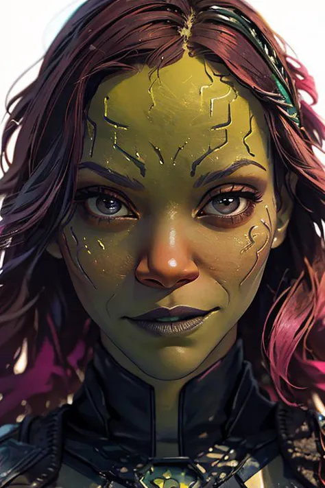 ((green woman)), (((zoe saldana))), (((gamora marvel))), (headshot:1.1) portrait on a bright white background, (headshot:1.2), f...