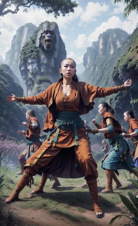 epic angle, close up, photorealistic, crowd around <lora:LongTchi-10:1> LongTchi, woman monk, fighting, (jungle  background:1.0),  (perfect hands:1.2),