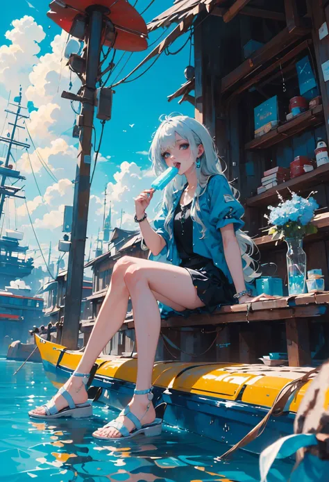 (best quality,official art,beautiful and aesthetic:1.2),(fractal art:1.2),offcial art,colorful,Colorful background,splash of color,movie perspective,advertising style,magazine cover,
xuer popsicle,1girl,solo,long hair,looking at viewer,bangs,blue eyes,shirt,holding,jewelry,sitting,blue hair,white hair,short sleeves,outdoors,food,sky,barefoot,day,puffy sleeves,cloud,water,bracelet,blue sky,bare legs,ocean,eating,sandals,cloudy sky,holding food,scenery,blue theme,popsicle,watercraft,ship,boat,
(tongue out:1.3),<lora:~Q?-| xuer popsicle:0.8>,