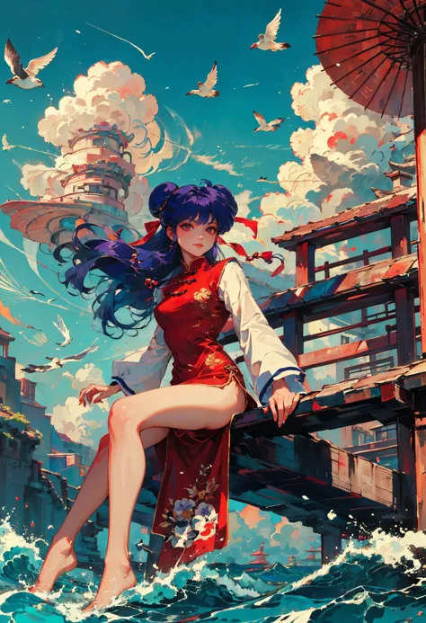 anime girl in red dress sitting on a pier with umbrella