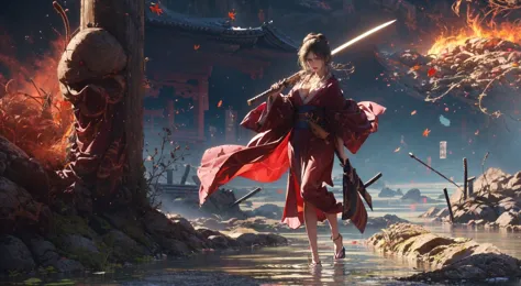 a woman in a red robe holding a sword in a river