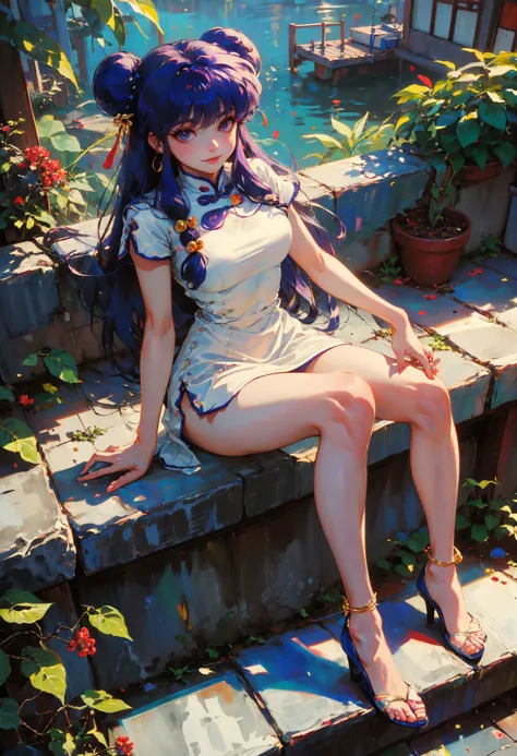 xuer Shampoo,1girl,shampoo \(ranma 1/2\),solo,long hair,hair bun,double bun,sitting,smile,purple eyes,hair ornament,chinese clothes,looking at viewer,plant,hair bell,white dress,closed mouth,sidelocks,bangs,short sleeves,short dress,v arms,hand between legs,purple hair,potted plant,breasts,between legs,bare legs,day,medium breasts,
purple hair,double bun,long hair,(hair bell:1.1),shampoo \(ranma 1/2\),<lora:xuer Shampoo_20240303193333:0.8>,