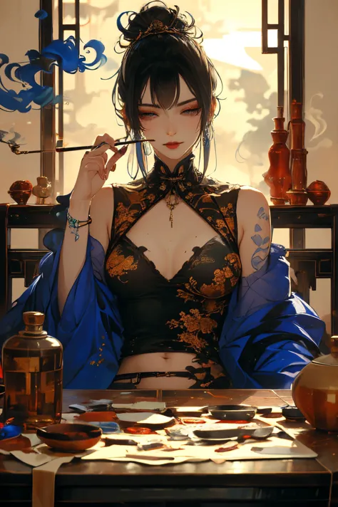 a woman in a kimono sitting at a table with a cigarette