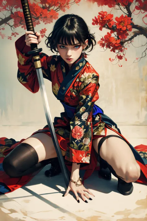 ultra high resolution,((masterpiece))),(((best quality))),((super detailed)),((extremely delicate and beautiful)),
xuer ai yazawa style girl,1girl,solo,black nails,black hair,holding weapon,holding,boots,katana,panties,earrings,jewelry,one knee,short hair,black footwear,looking at viewer,nail polish,blue eyes,pantyshot,sash,full body,lips,obi,floral print,long sleeves,simple background,bangs,sitting,
(disgust:1.3),
<lora:~Q?-kfX\YsV2 xuer ai yazawa style girl:0.8>,